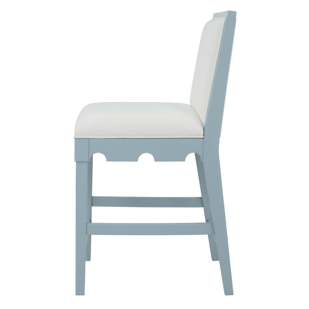 Square Back Counter Stool With Decorative Apron In Matte Light Blue Lacquer With Performance White Linen Upholstery - LANISTER CS LB