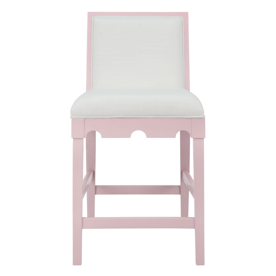 Square Back Counter Stool With Decorative Apron In Matte Pink Lacquer With Performance White Linen Upholstery - LANISTER CS PI