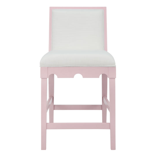 Square Back Counter Stool With Decorative Apron In Matte Pink Lacquer With Performance White Linen Upholstery - LANISTER CS PI
