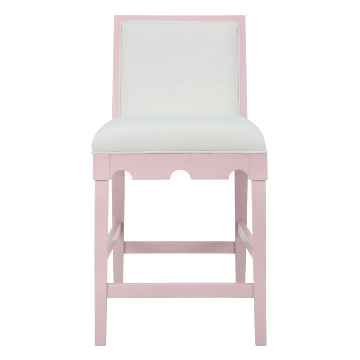 Square Back Counter Stool With Decorative Apron In Matte Pink Lacquer With Performance White Linen Upholstery - LANISTER CS PI