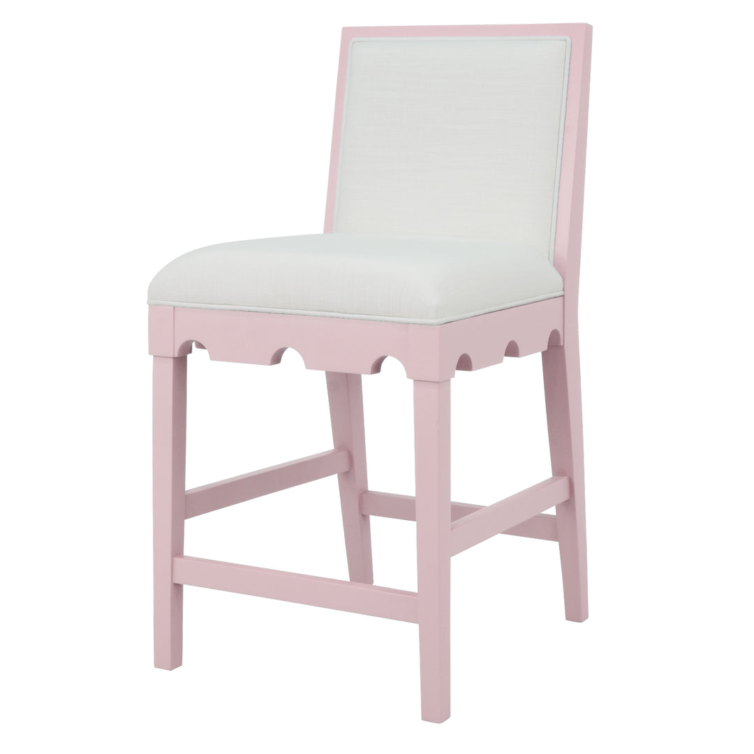 Square Back Counter Stool With Decorative Apron In Matte Pink Lacquer With Performance White Linen Upholstery - LANISTER CS PI