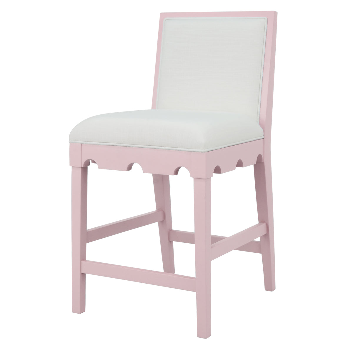 Square Back Counter Stool With Decorative Apron In Matte Pink Lacquer With Performance White Linen Upholstery - LANISTER CS PI