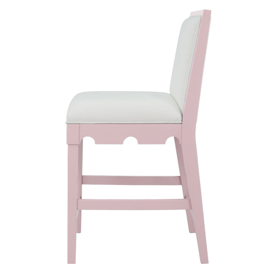 Square Back Counter Stool With Decorative Apron In Matte Pink Lacquer With Performance White Linen Upholstery - LANISTER CS PI