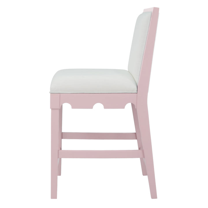 Square Back Counter Stool With Decorative Apron In Matte Pink Lacquer With Performance White Linen Upholstery - LANISTER CS PI