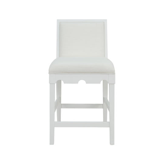 Square Back Counter Stool With Decorative Apron In Matte White Lacquer With Performance White Linen Upholstery - LANISTER CS WH