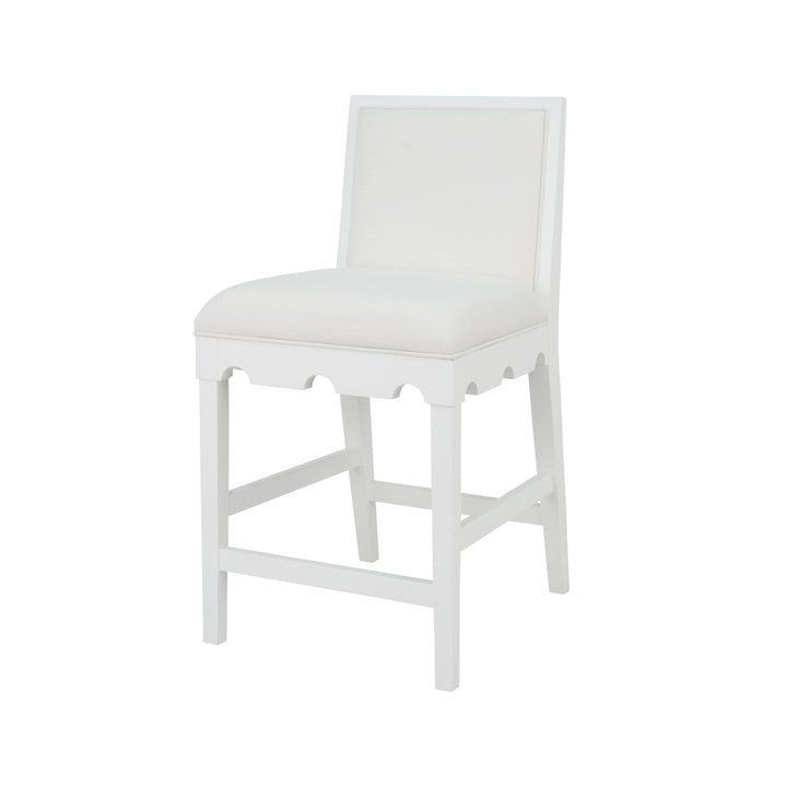Square Back Counter Stool With Decorative Apron In Matte White Lacquer With Performance White Linen Upholstery - LANISTER CS WH