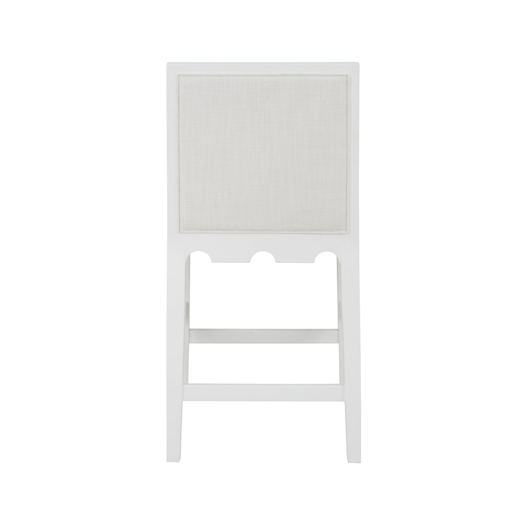 Square Back Counter Stool With Decorative Apron In Matte White Lacquer With Performance White Linen Upholstery - LANISTER CS WH