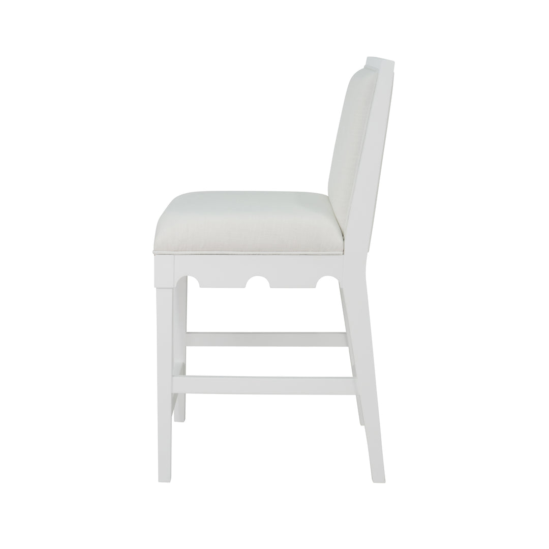 Square Back Counter Stool With Decorative Apron In Matte White Lacquer With Performance White Linen Upholstery - LANISTER CS WH