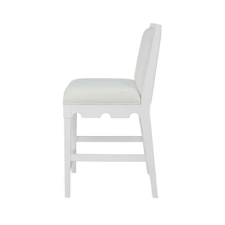 Square Back Counter Stool With Decorative Apron In Matte White Lacquer With Performance White Linen Upholstery - LANISTER CS WH