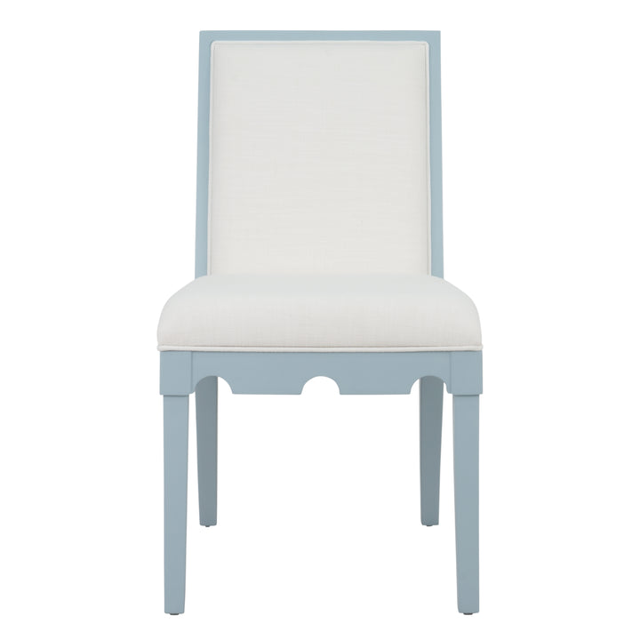Square Back Dining Chair With Decorative Apron In Matte Light Blue Lacquer With Performance White Linen Upholstery - LANISTER LB