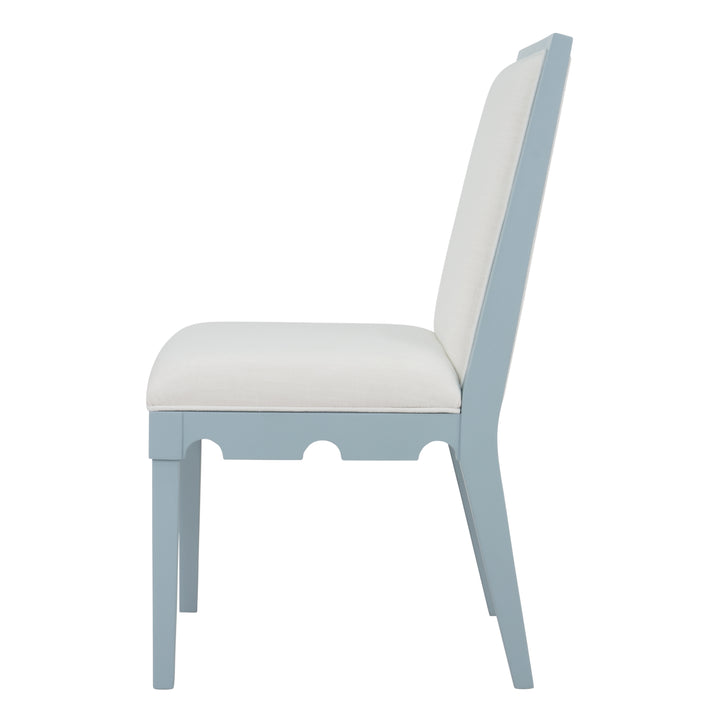 Square Back Dining Chair With Decorative Apron In Matte Light Blue Lacquer With Performance White Linen Upholstery - LANISTER LB