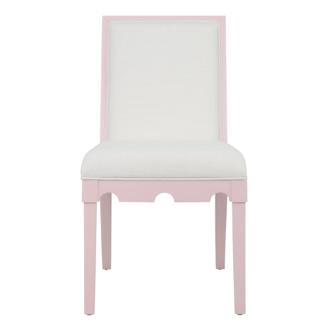 Square Back Dining Chair With Decorative Apron In Matte Pink Lacquer With Performance White Linen Upholstery - LANISTER PI