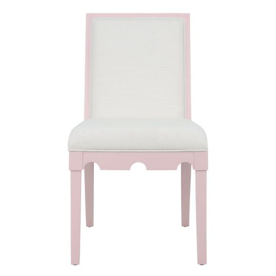 Square Back Dining Chair With Decorative Apron In Matte Pink Lacquer With Performance White Linen Upholstery - LANISTER PI