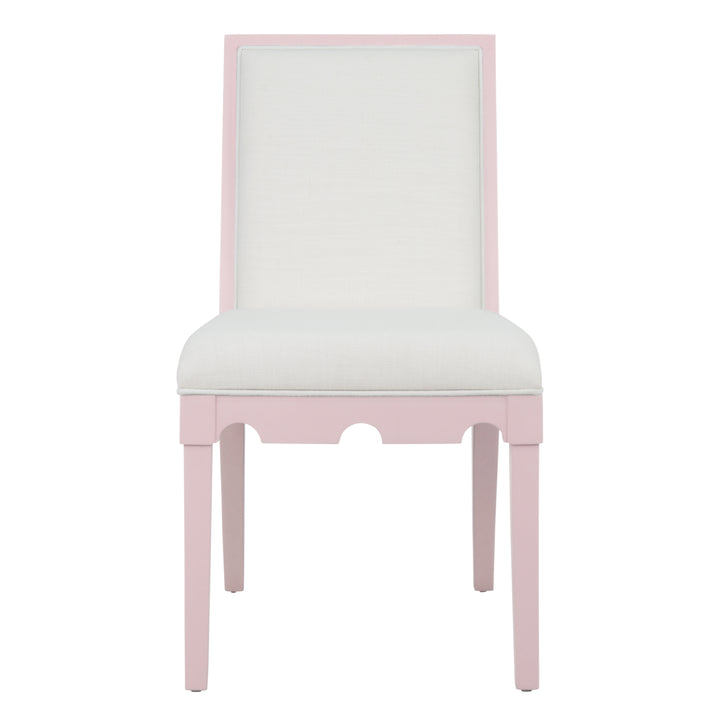 Square Back Dining Chair With Decorative Apron In Matte Pink Lacquer With Performance White Linen Upholstery - LANISTER PI