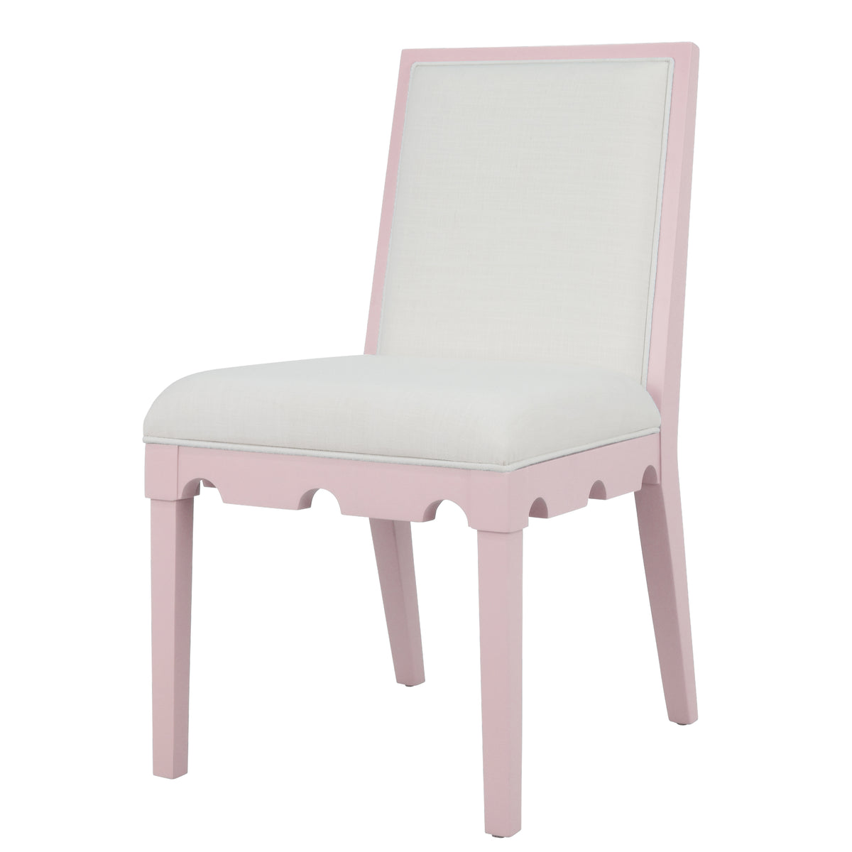 Square Back Dining Chair With Decorative Apron In Matte Pink Lacquer With Performance White Linen Upholstery - LANISTER PI