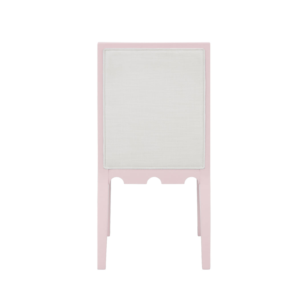 Square Back Dining Chair With Decorative Apron In Matte Pink Lacquer With Performance White Linen Upholstery - LANISTER PI