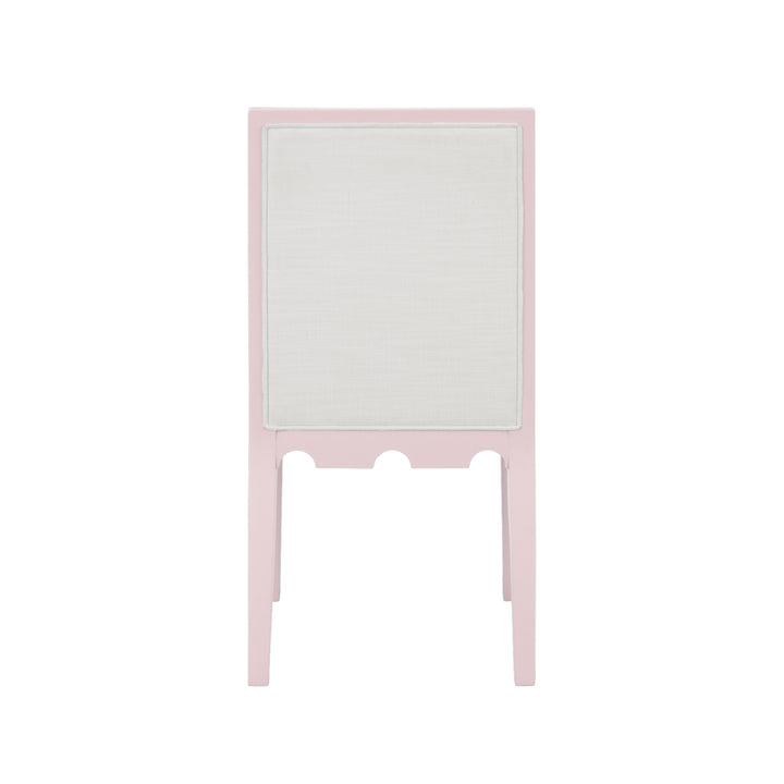 Square Back Dining Chair With Decorative Apron In Matte Pink Lacquer With Performance White Linen Upholstery - LANISTER PI