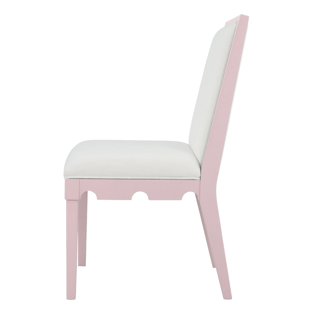 Square Back Dining Chair With Decorative Apron In Matte Pink Lacquer With Performance White Linen Upholstery - LANISTER PI