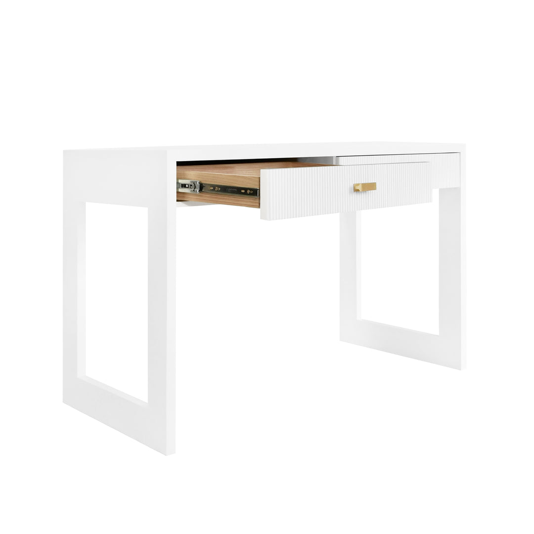 Two Drawer Desk With Fluted Detail In Matte White Lacquer - LARKIN WH