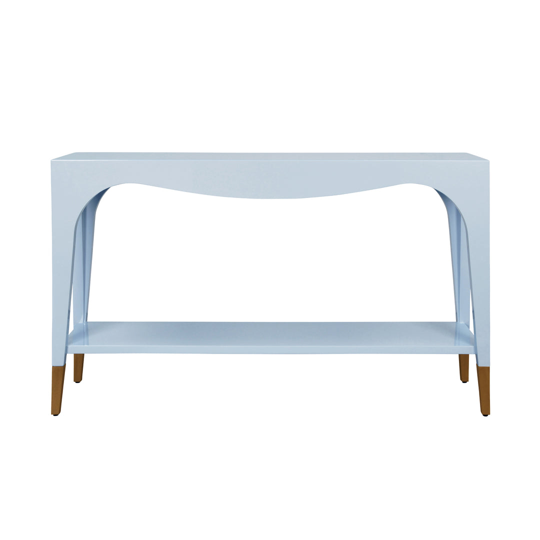Two Tier Tapered Leg Console With Antique Brass Foot Caps In Light Blue Lacquer - LAVERNE LB