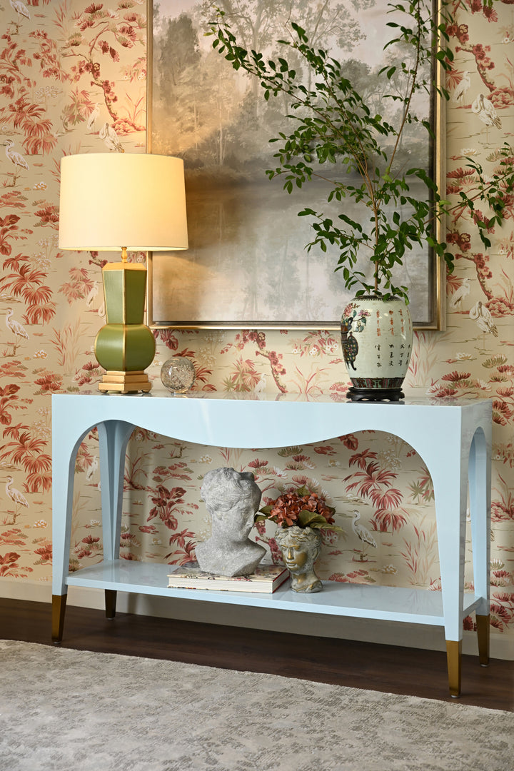 Two Tier Tapered Leg Console With Antique Brass Foot Caps In Light Blue Lacquer - LAVERNE LB