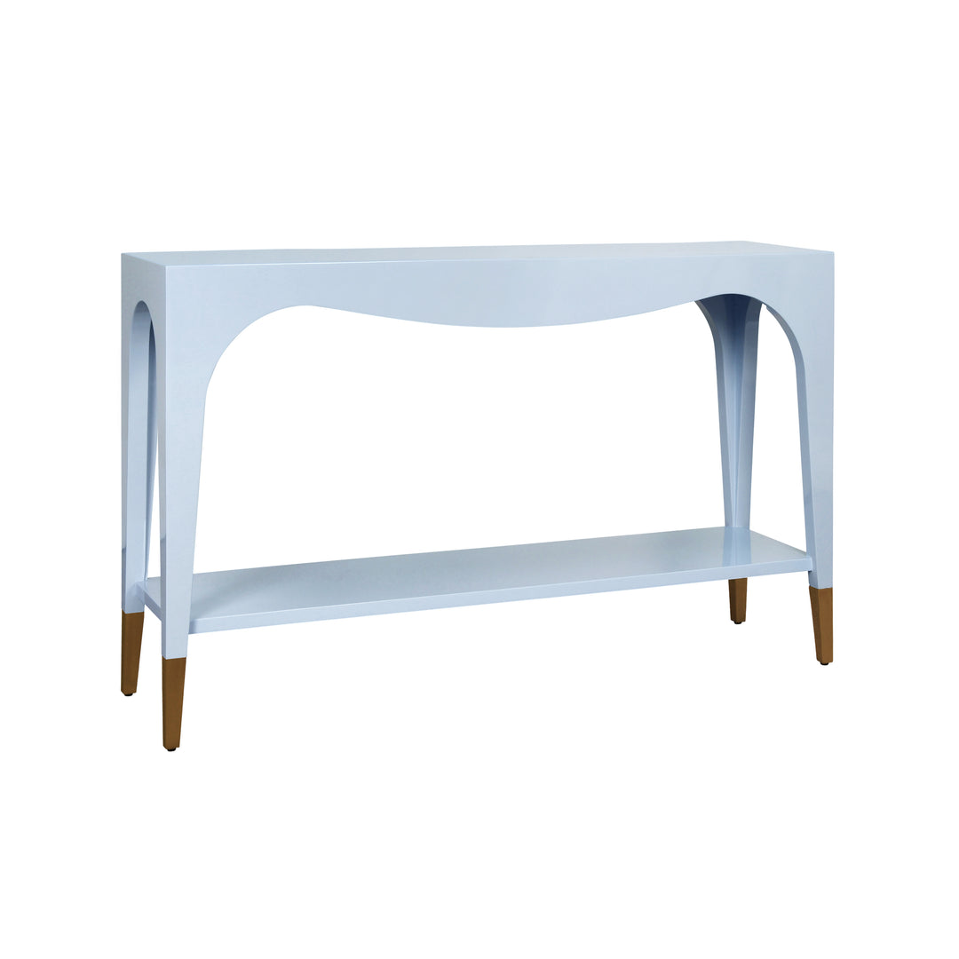 Two Tier Tapered Leg Console With Antique Brass Foot Caps In Light Blue Lacquer - LAVERNE LB