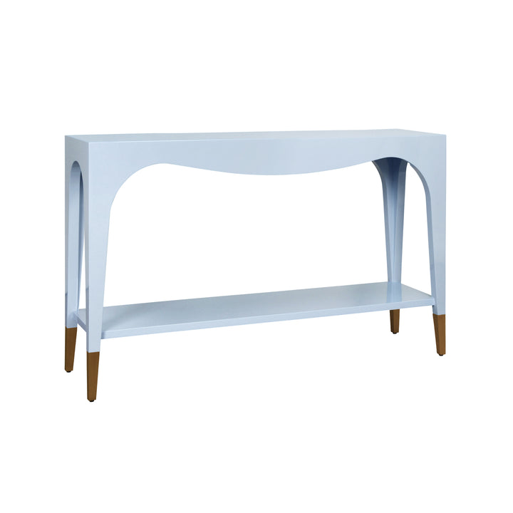 Two Tier Tapered Leg Console With Antique Brass Foot Caps In Light Blue Lacquer - LAVERNE LB