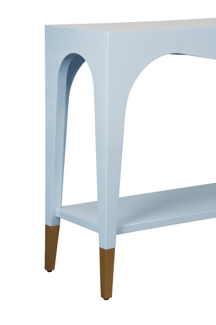Two Tier Tapered Leg Console With Antique Brass Foot Caps In Light Blue Lacquer - LAVERNE LB