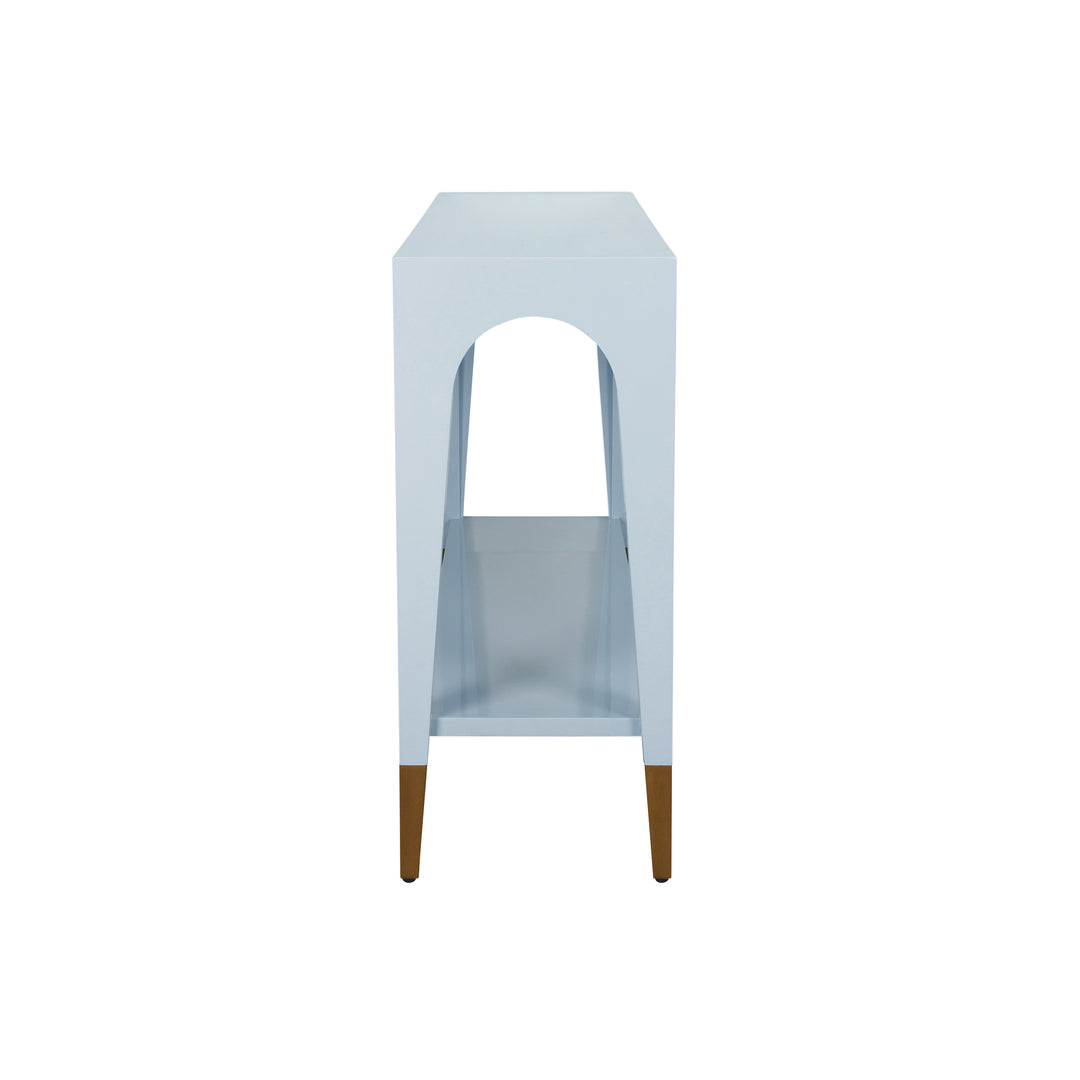 Two Tier Tapered Leg Console With Antique Brass Foot Caps In Light Blue Lacquer - LAVERNE LB