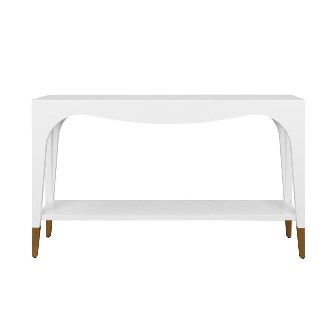 Two Tier Tapered Leg Console With Antique Brass Foot Caps In White Lacquer - LAVERNE WH