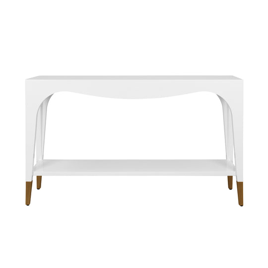 Two Tier Tapered Leg Console With Antique Brass Foot Caps In White Lacquer - LAVERNE WH