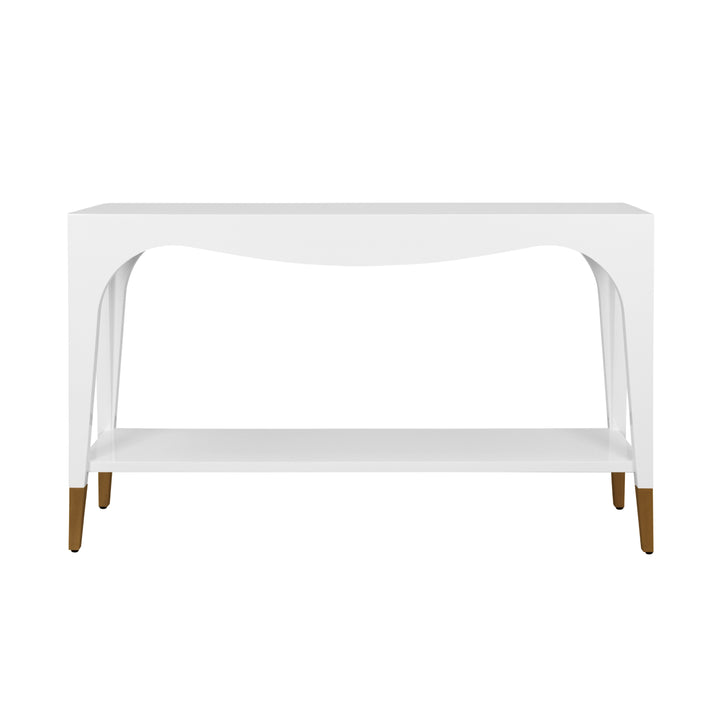 Two Tier Tapered Leg Console With Antique Brass Foot Caps In White Lacquer - LAVERNE WH
