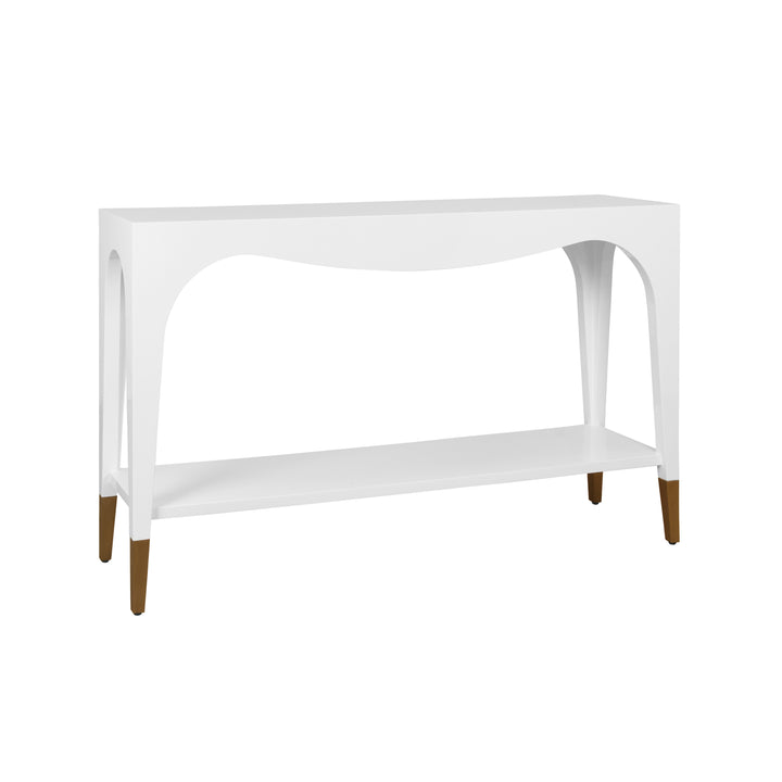 Two Tier Tapered Leg Console With Antique Brass Foot Caps In White Lacquer - LAVERNE WH