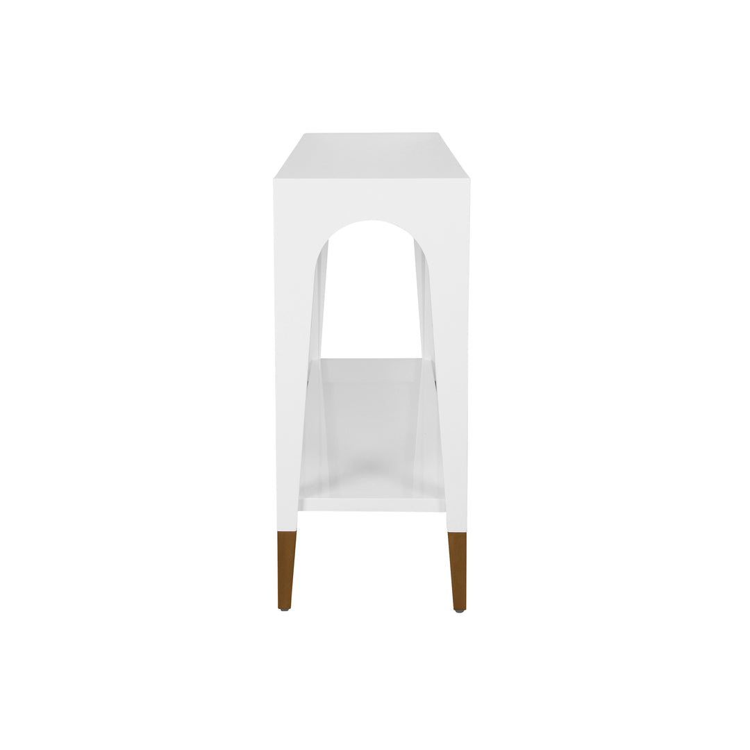 Two Tier Tapered Leg Console With Antique Brass Foot Caps In White Lacquer - LAVERNE WH