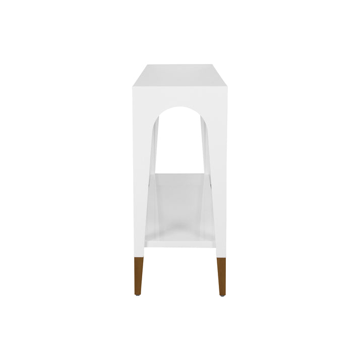 Two Tier Tapered Leg Console With Antique Brass Foot Caps In White Lacquer - LAVERNE WH