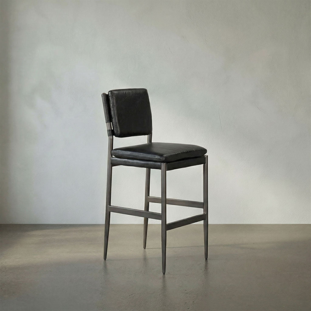 Noir - Wooster Bar Chair, Ebony Black Leather - LEA-C0115-BAR-BLK