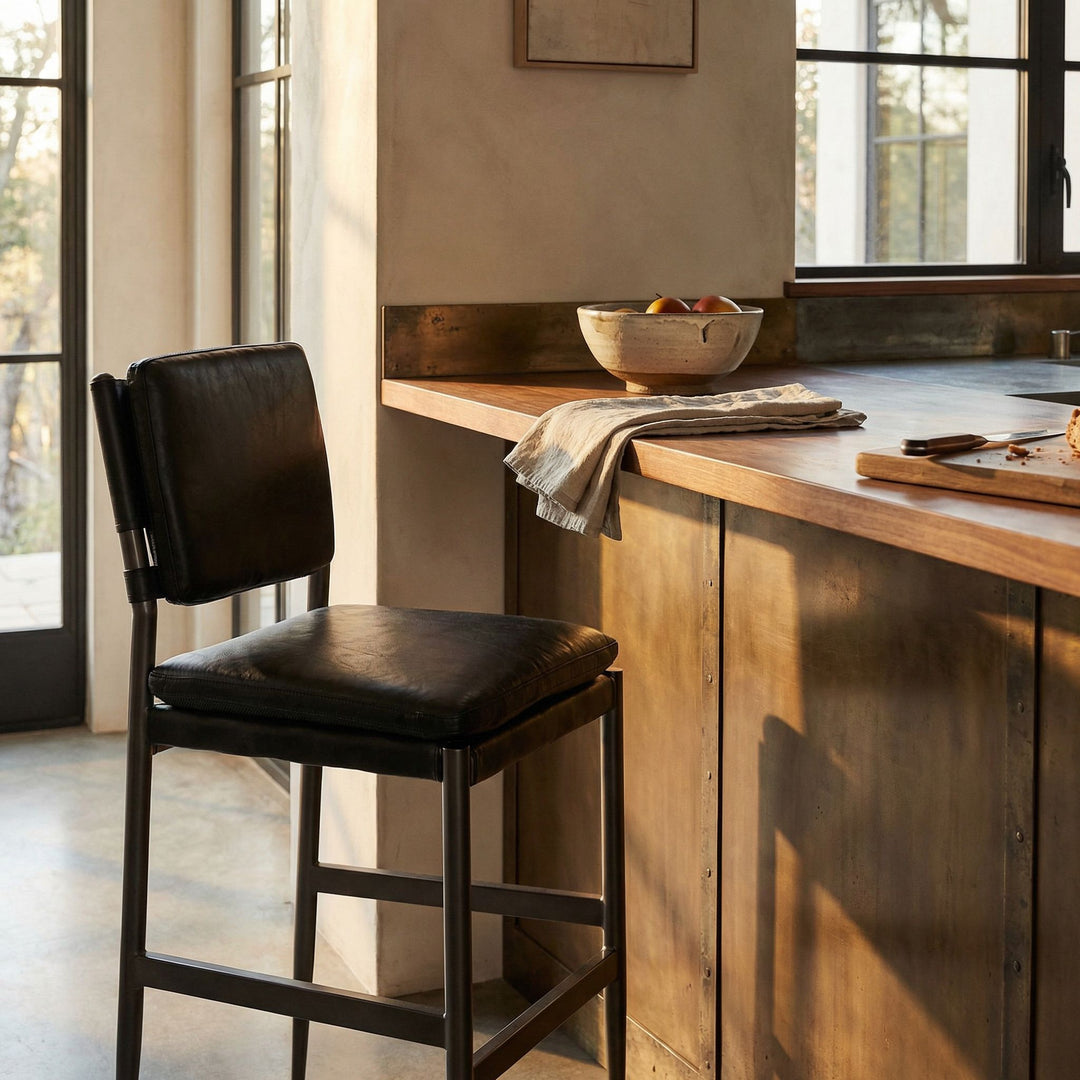 Noir - Wooster Bar Chair, Ebony Black Leather - LEA-C0115-BAR-BLK