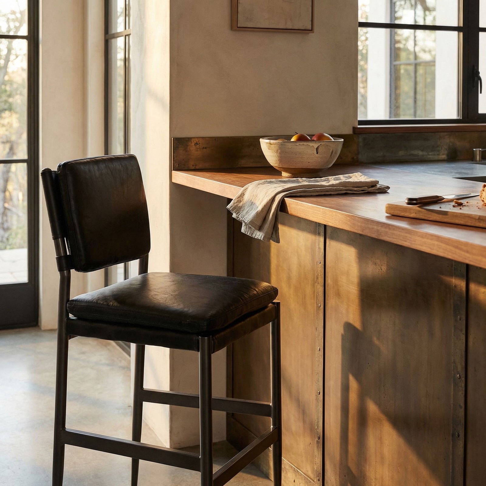 Noir - Wooster Bar Chair, Ebony Black Leather - LEA-C0115-BAR-BLK