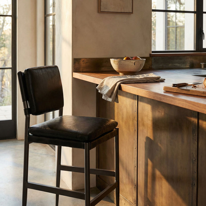 Noir - Wooster Bar Chair, Ebony Black Leather - LEA-C0115-BAR-BLK