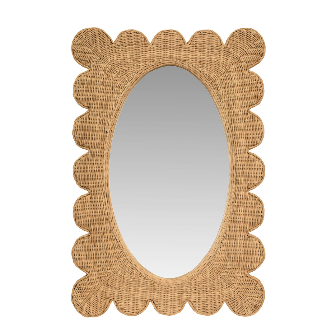 Scalloped Edge Rectangular Frame With Oval Mirror In Woven Natural Rattan - LILLIAN NAT