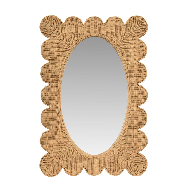 Scalloped Edge Rectangular Frame With Oval Mirror In Woven Natural Rattan - LILLIAN NAT