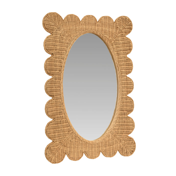 Scalloped Edge Rectangular Frame With Oval Mirror In Woven Natural Rattan - LILLIAN NAT