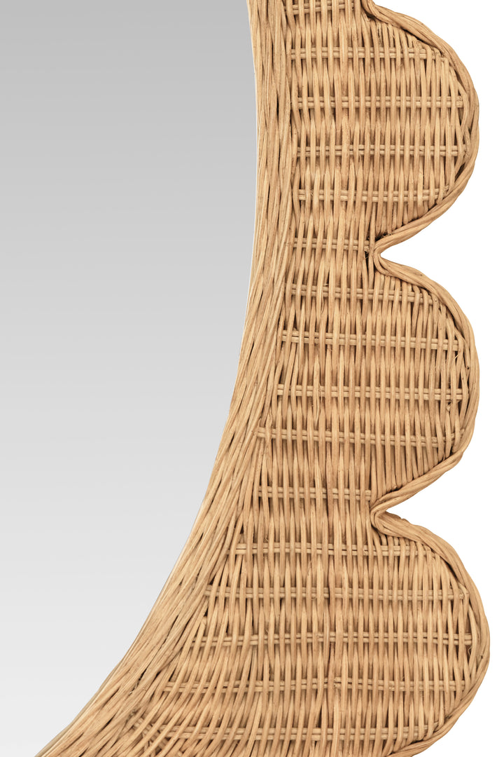 Scalloped Edge Rectangular Frame With Oval Mirror In Woven Natural Rattan - LILLIAN NAT