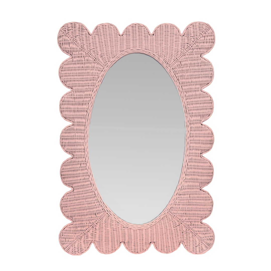 Scalloped Edge Rectangular Frame With Oval Mirror In Woven Rattan Painted Pink - LILLIAN PI