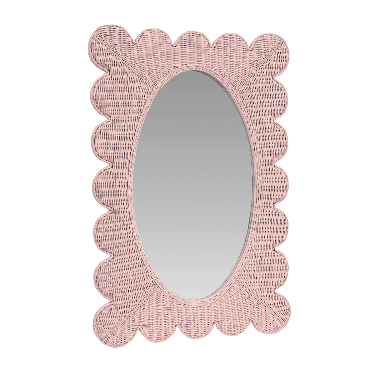 Scalloped Edge Rectangular Frame With Oval Mirror In Woven Rattan Painted Pink - LILLIAN PI