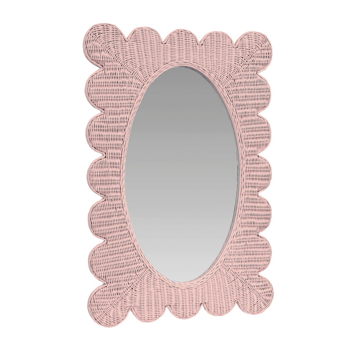 Scalloped Edge Rectangular Frame With Oval Mirror In Woven Rattan Painted Pink - LILLIAN PI