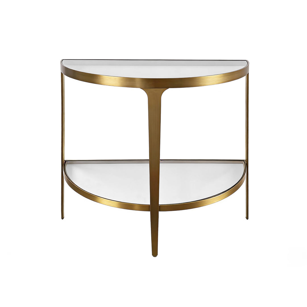 Two Tier Glass Top Demilune Console In Antique Brass - LISA ABR