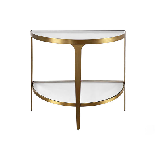 Two Tier Glass Top Demilune Console In Antique Brass - LISA ABR