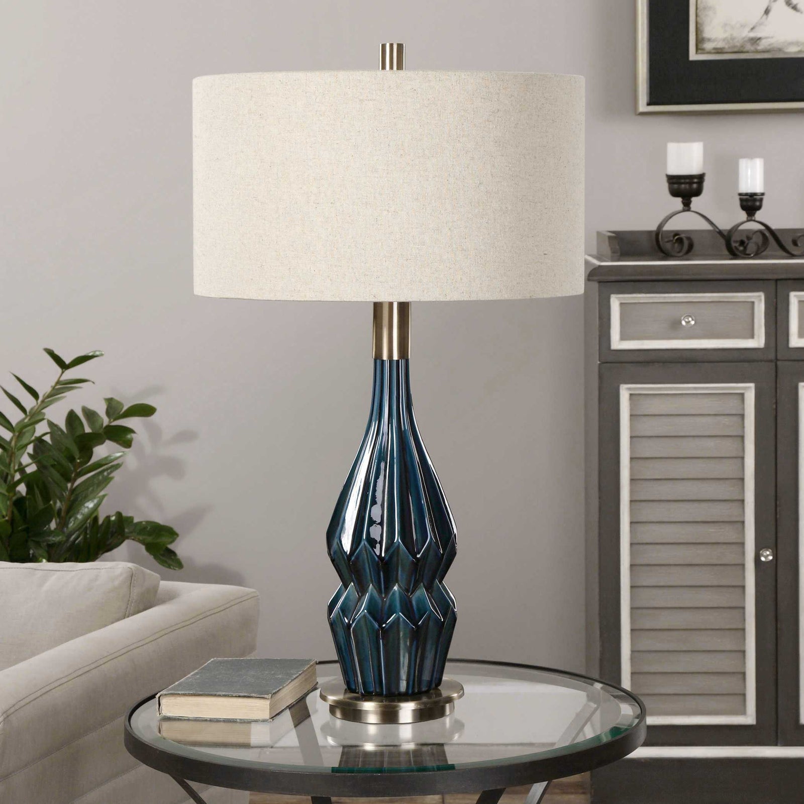 American Home Furniture Uttermost Prussian Blue Ceramic Lamp