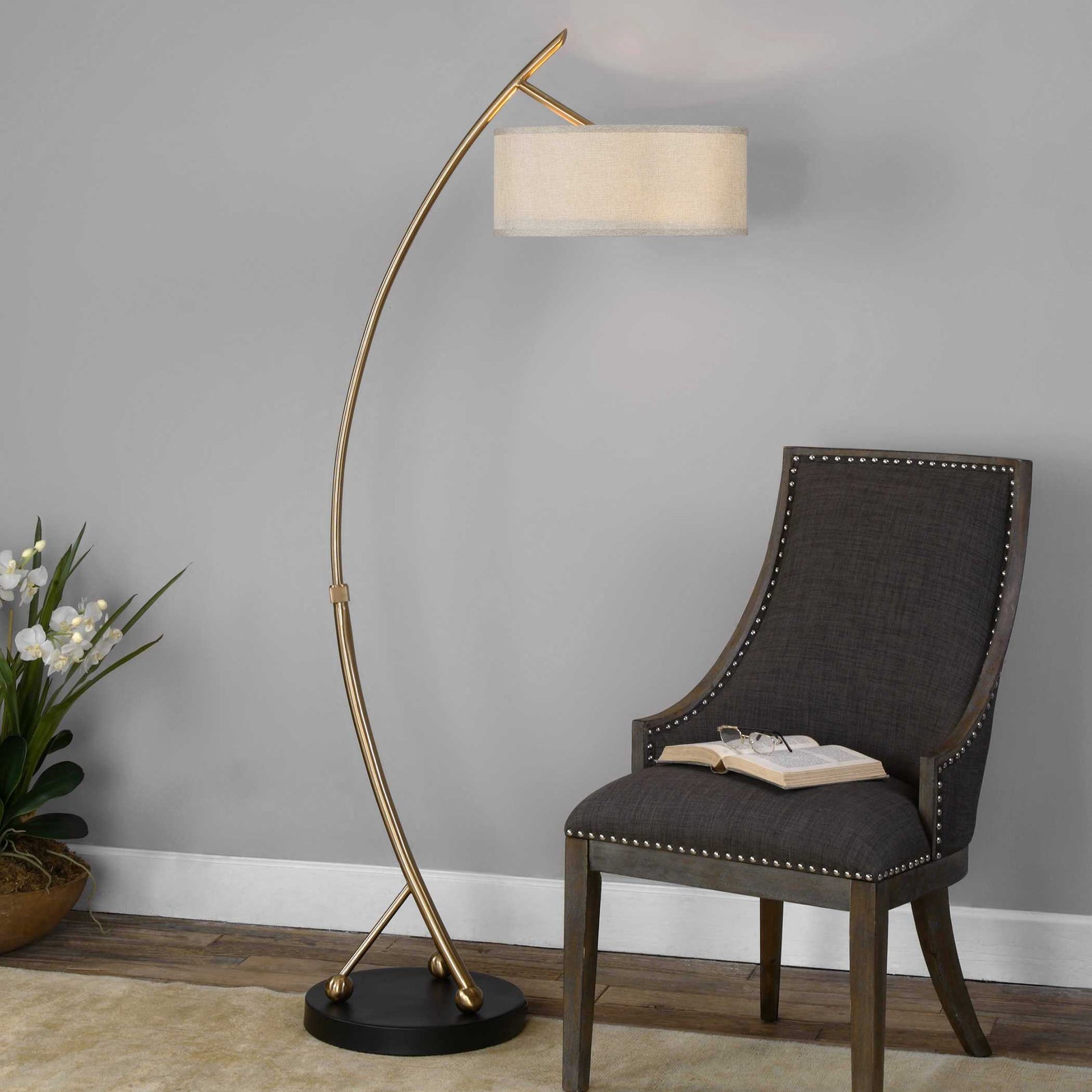 American Home Furniture Uttermost Vardar Curved Brass Floor Lamp